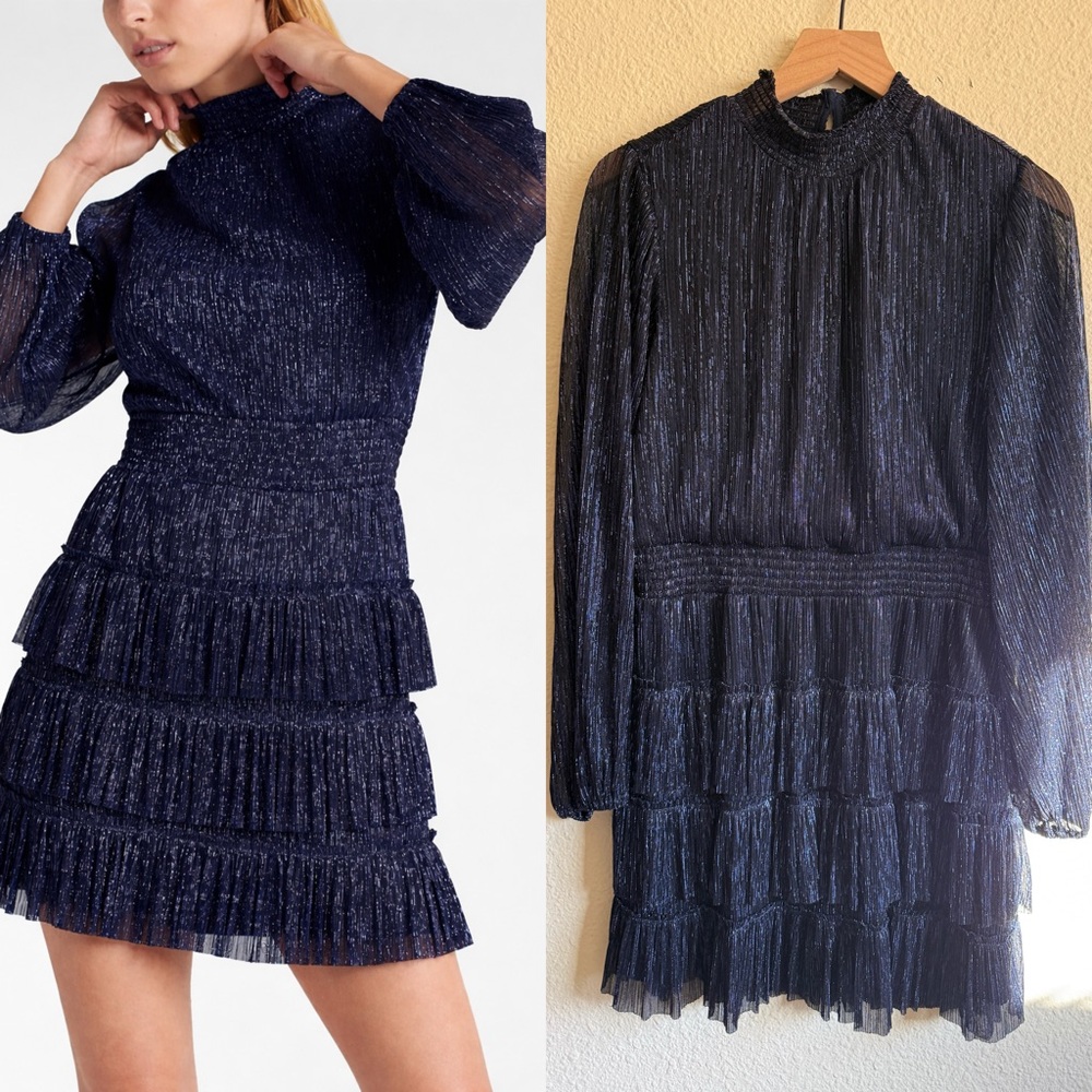 Express Metallic Midnight Navy Blue Ruffle Mini Dress-size L